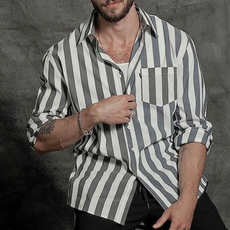 Men's Classic Casual Vertical Striped Long Sleeve Shirt 92821338K